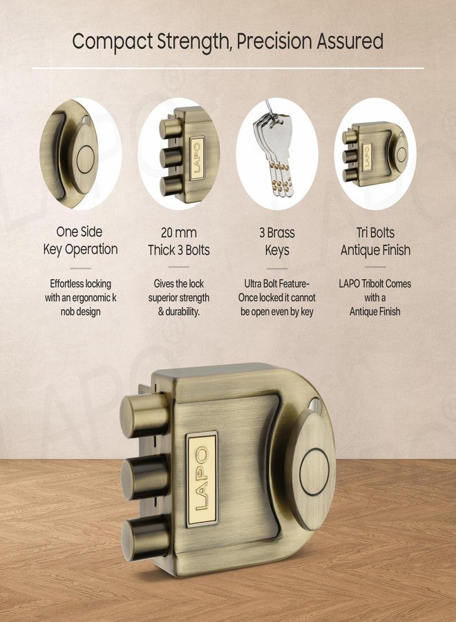 LAPO قفل لابو ثلاثي المزاليج من النحاس العتيق للأبواب الرئيسية، قفل أمان مزلاج للأبواب الخشبية، تصميم أسطواني ثابت مع 4 مفاتيح نحاسية، مناسب للفتح من الداخل والخارج، قفل باب أنيق شديد التحمل - Image 4